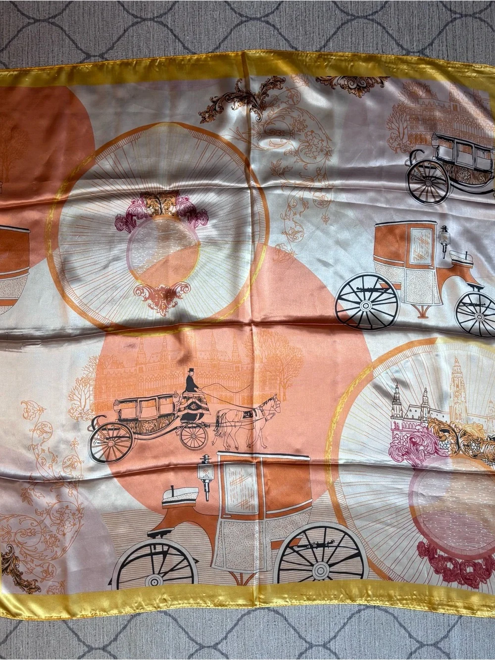 Vintage Silk Carriage Print Square Scarf – Peach Ivory & Gold